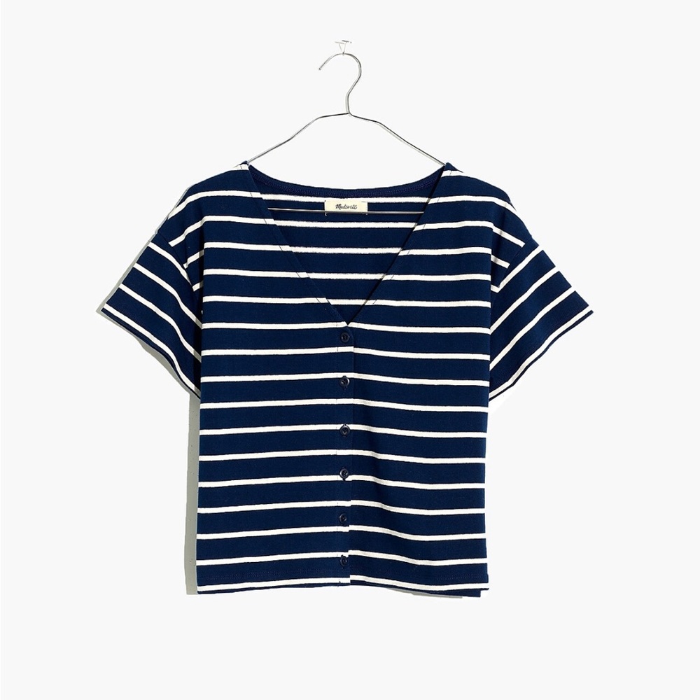 Madewell V-Neck Button-Front Boxy-Crop Stripe Tee S